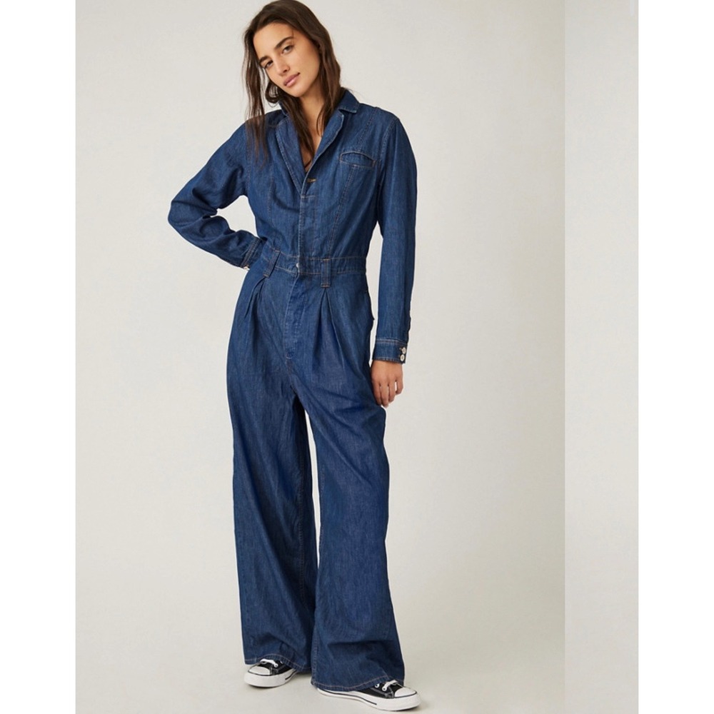 We The Free Free People Denim Jumpsuit Blue Wide Leg Utility Coveralls Small